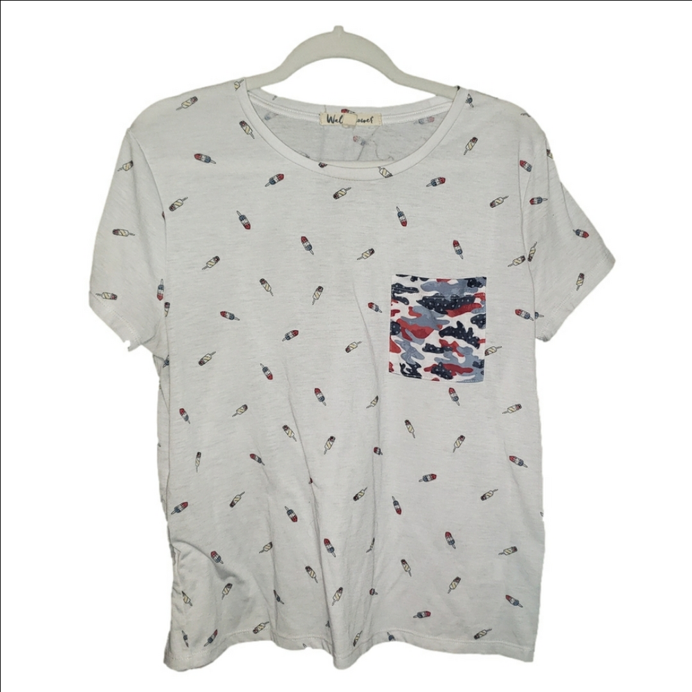 Wallflower XL White Cropped Tee with Red and Blue Popsicle Accents